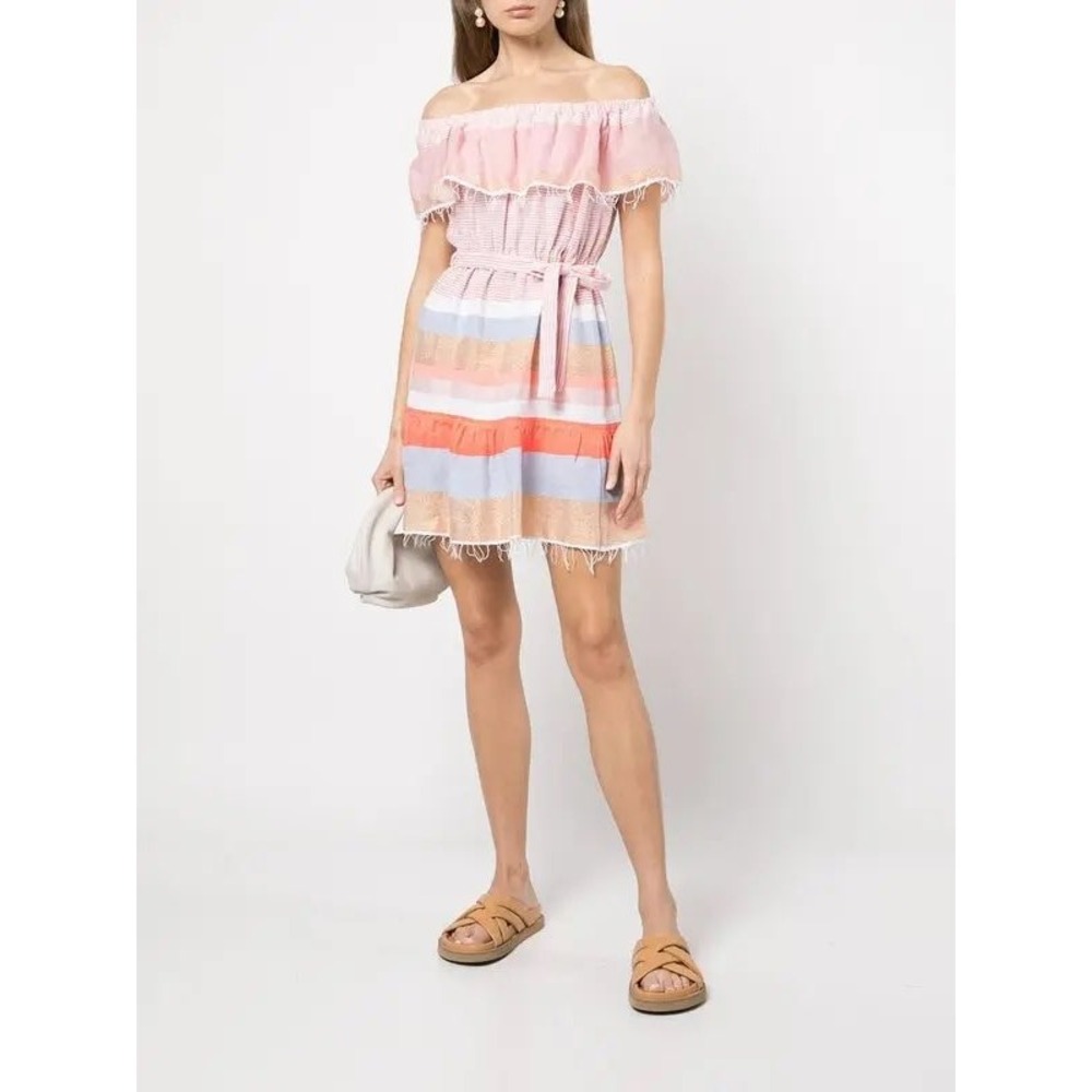 LemLem‎ Striped Off the Shoulder Mini Dress Tiered Fringed Hem Boho Size L READ